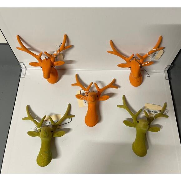5 Orange and Green Flocked  Deer Head Christmas Ornaments/Decor. KK382 NWT - Picture 2 of 2